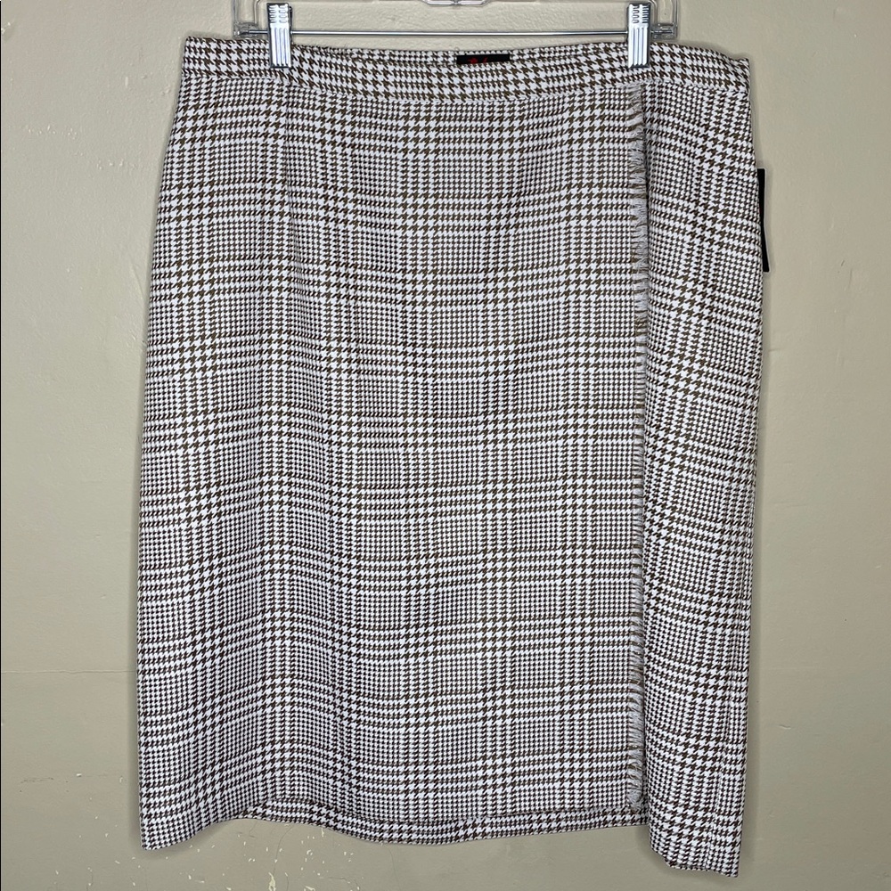 JM STUDIO Taupe & White Silver Shimmer Tweed Faux Wrap Straight Career Skirt NWT